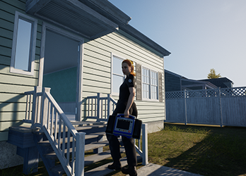 Screenshot showing player holding a monitor at the entry to a house and making a decision to go in in Paramedics!